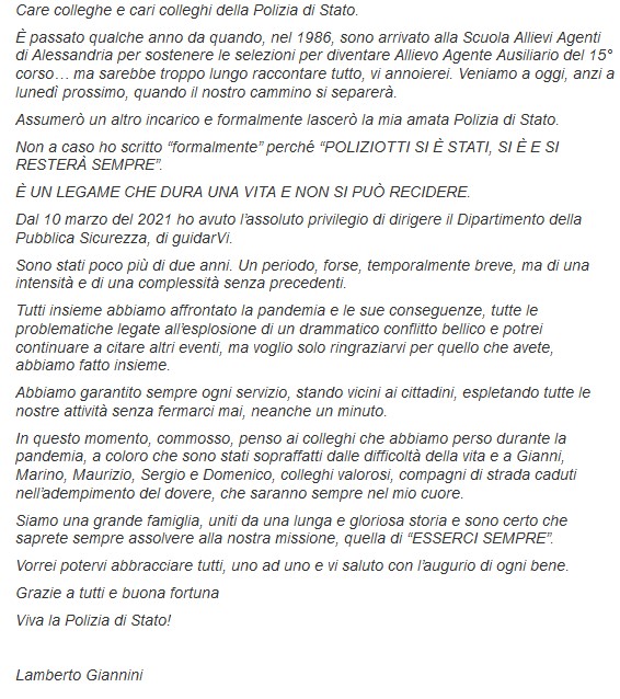 La lettera di saluto del #capodellapolizia Lamberto Giannini ai 'suoi poliziotti'
#essercisempre #20maggio