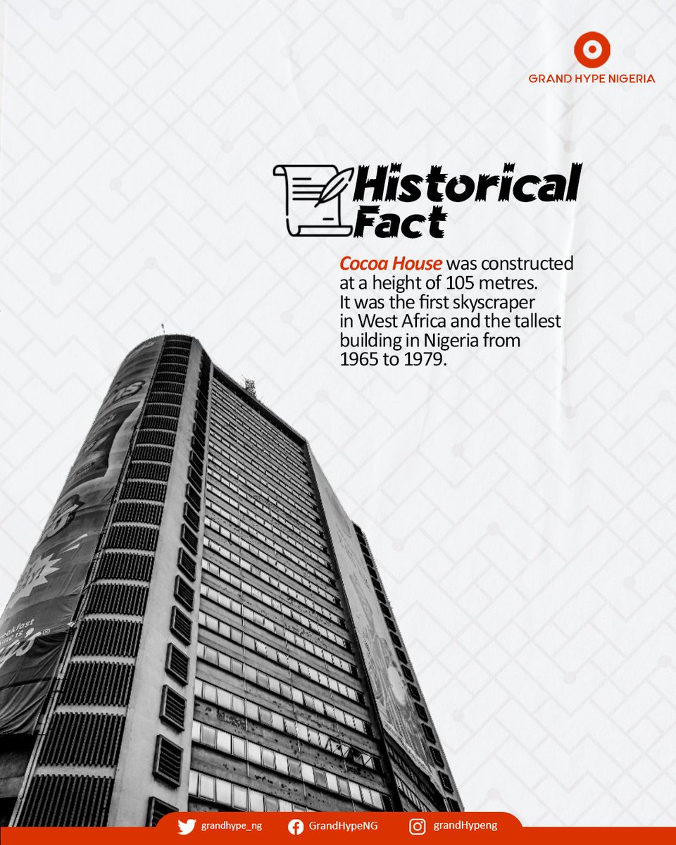 Grandluxurylist's tweet photo. Cocoa House is located in Ibadan, Oyo State. It was built from the proceeds of agricultural commodities of the then-western state of Nigeria.
It was completed in July 1964 &amp; commissioned in July 1965. It has a height of 105 metres
it was the first skyscraper in West Africa. https://t.co/fRCNzBMaWe