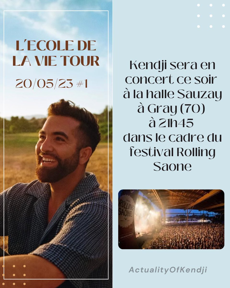 📣 Lancement de la tournée des festivals 📣 

<a href="/GIRACKENDJI/">Kendji Girac</a> sera en concert ce soir à Gray (70) dans le cadre du festival Rolling Saône à 21h45 ! 

Bon concert aux présents ! 🎶
Vous y serez ? 🔥
