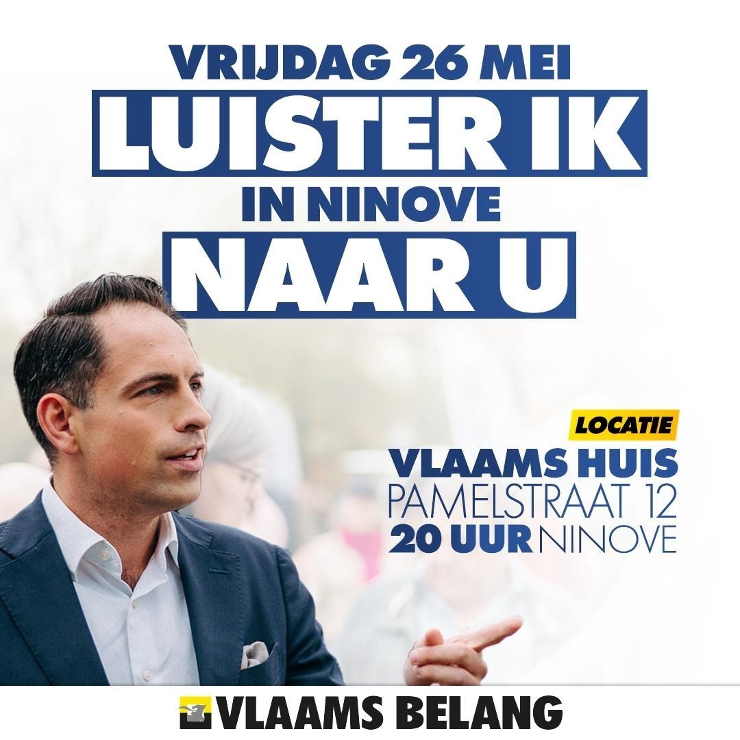Vrijdag 26 mei komt <a href="/tomvangrieken/">Tom Van Grieken</a> in het kader van zijn "doe ze luisteren" campagne naar het #VlaamsHuis in Ninove, Pamelstraat 12.
Kom jij om 20 uur ook, zodat Tom kan luisteren naar u? 
#Ninove #ForzaNinove