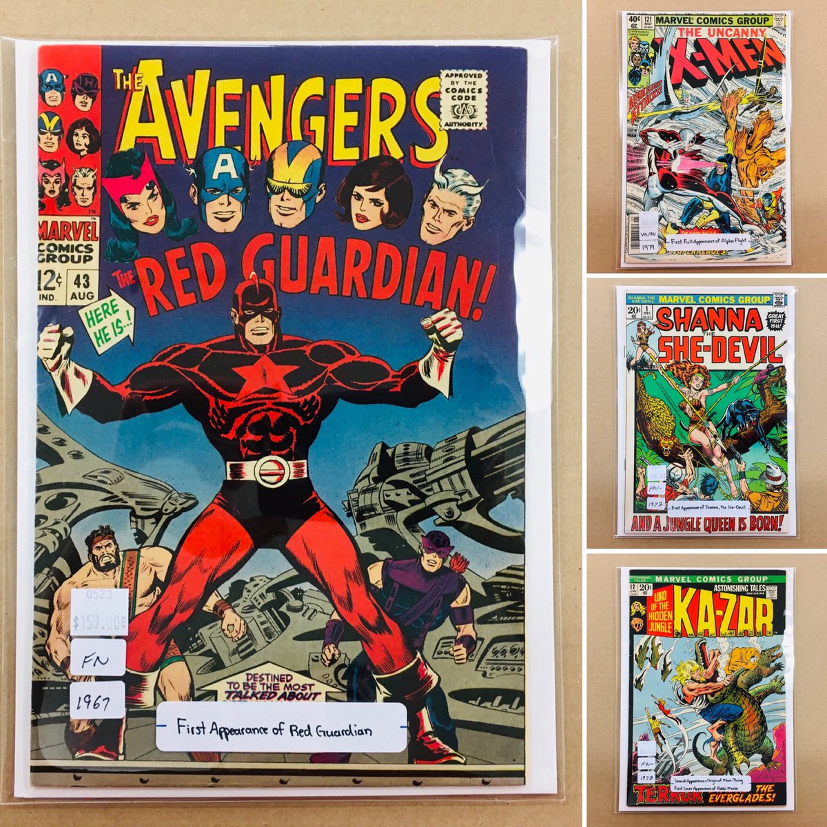 CosmicComicsLV's tweet photo. Recent additions to the case. #Avengers #43 the #FirstAppearance of #RedGuardian. #UncannyXMen #121 the 1st Full Appearance of #AlphaFlight. The #FirstIssue & 1st Appearance of #ShannaTheSheDevil. #AstonishingTales #12 the #SecondAppearance & Origin of #ManThing. https://t.co/If2c3ppLCm