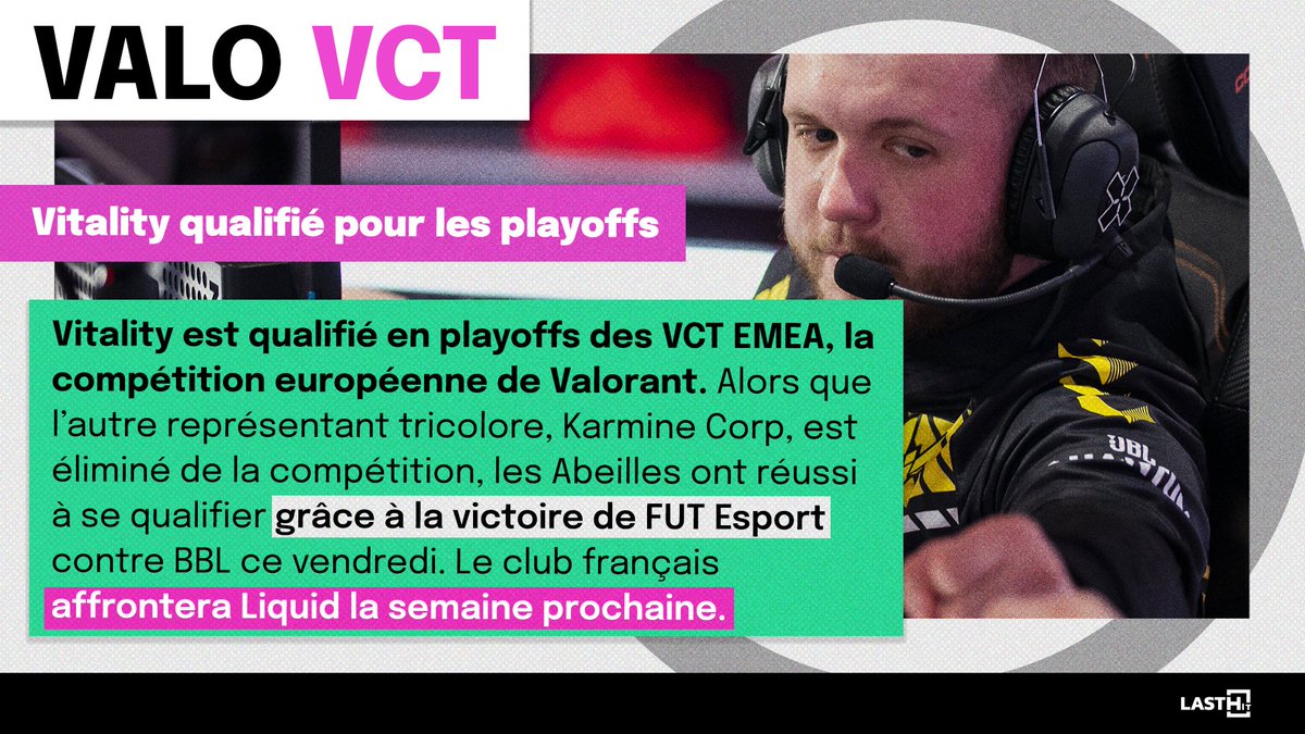 Last_HitOff's tweet photo. 📰 Vos news #esport du samedi 20 mai 2023👇
⚔️ #MSI2023 : @BilibiliGaming s'offre @GenG
🏆 #BLASTParisMajor2023 : demi-finales connues, @TeamVitality contre @apeksgg
🔫 #VCTEMEA : @TeamVitality qualifié aux play-offs
🫡 @SolaryTV et @Team_GO bien placés
#LastHit https://t.co/Nw2WLr2PlW