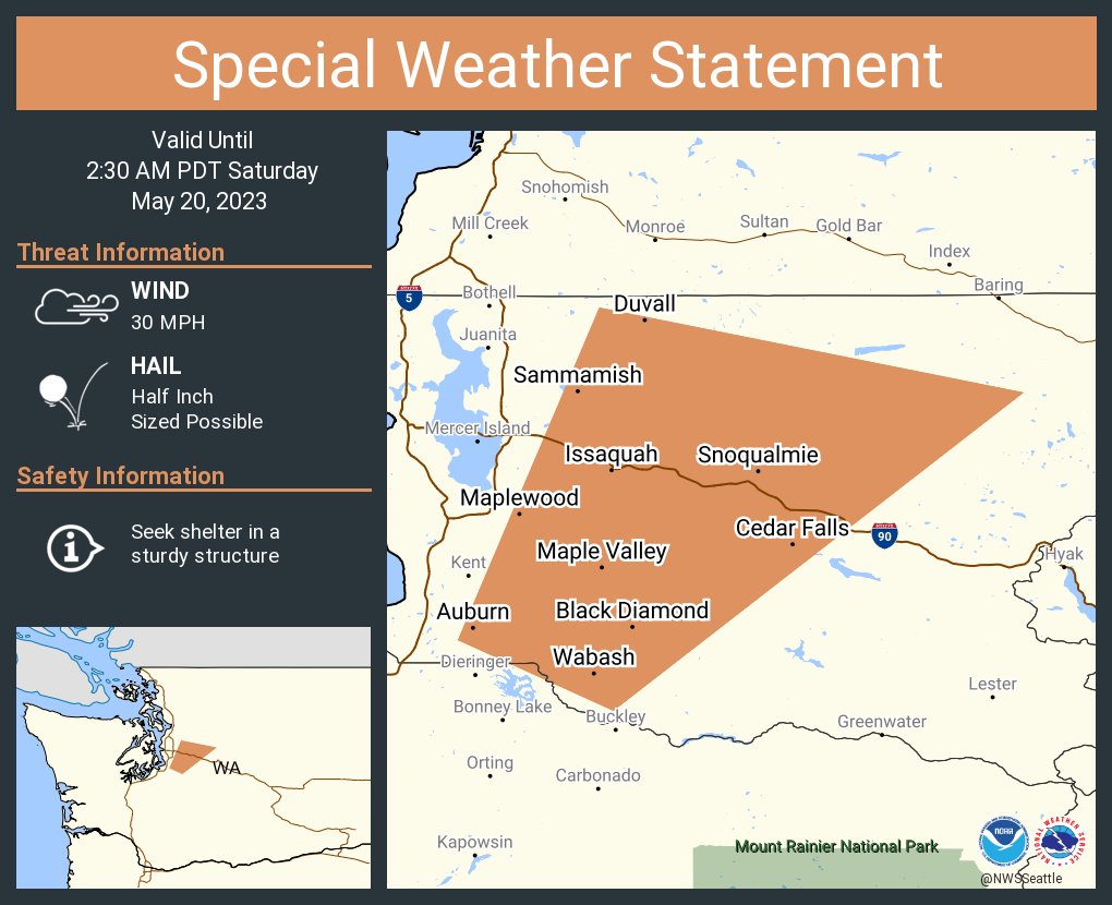 NWSSeattle's tweet photo. A special weather statement has been issued for Auburn WA, Sammamish WA and  Issaquah WA until 2:30 AM PDT https://t.co/prefEmrY8W