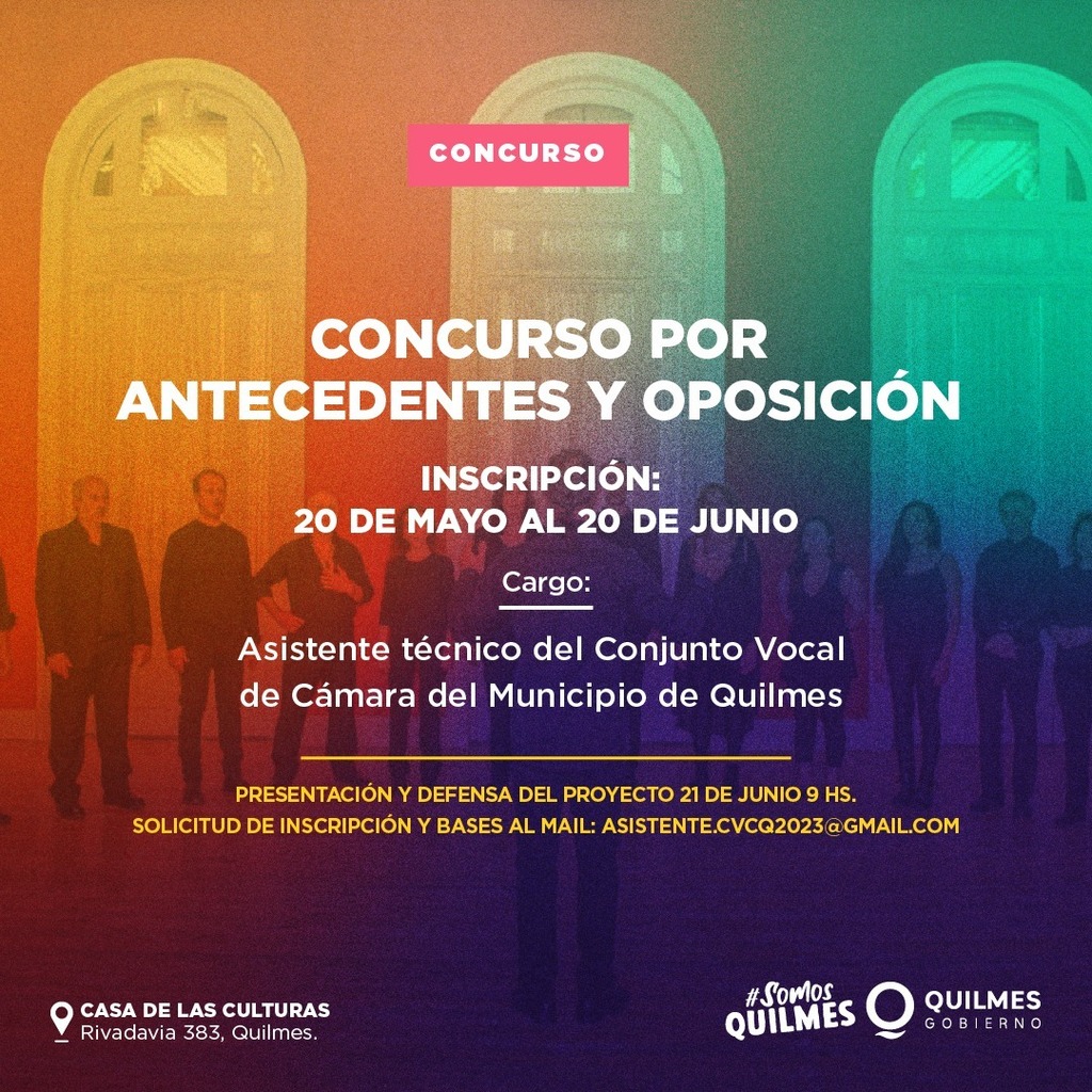 ✨ Llamado a Concurso por Antecedentes y Oposición para cubrir el cargo de:
ASISTENTE TÉCNICO DEL CONJUNTO VOCAL DE CÁMARA DEL MUNICIPIO DE QUILMES 

🗓️ Inscripción del 20 de mayo al 20 de junio
🗓️ Presentación y defensa del proyecto miércoles 21 de J… instagr.am/p/Csd0GURoqS6/