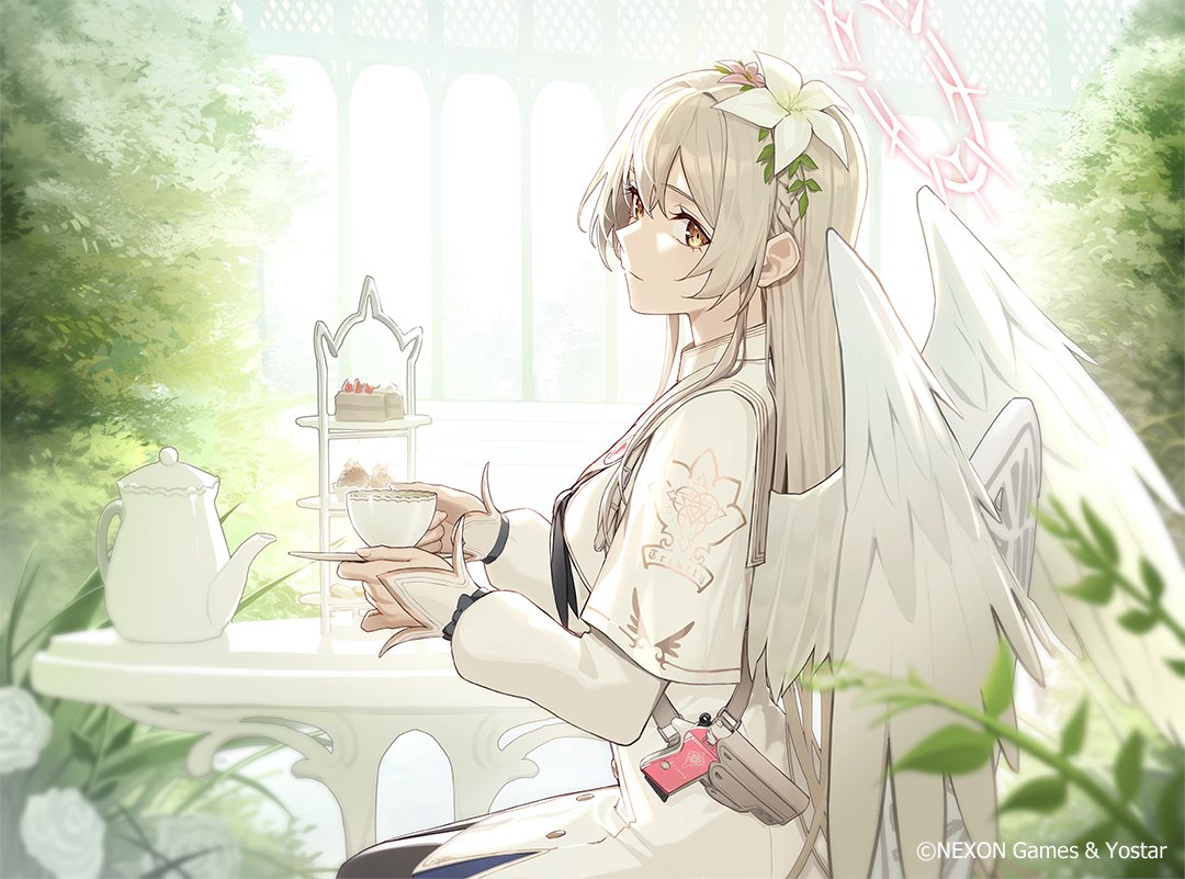 1girl wings flower hair flower teacup halo cup  illustration images