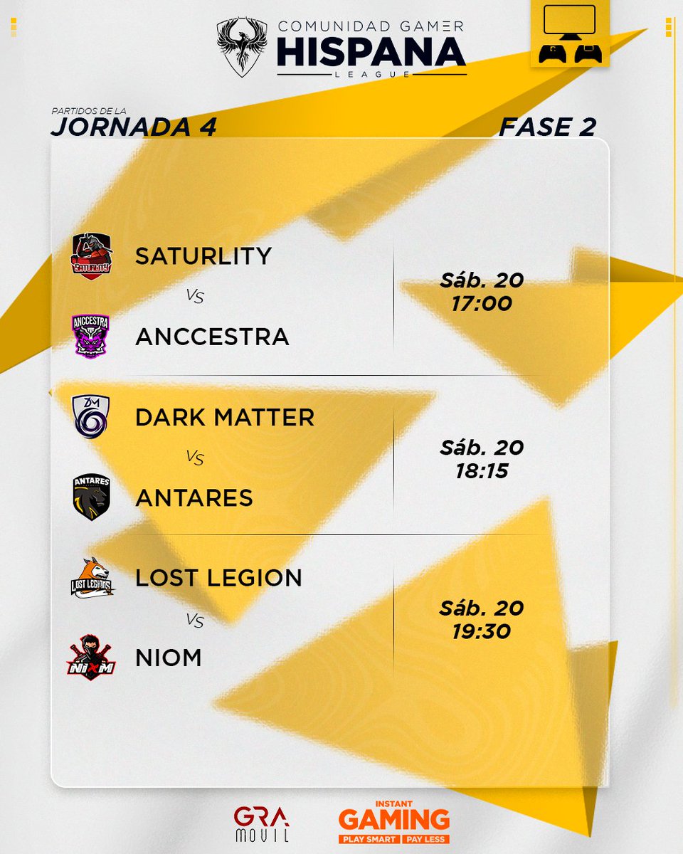 📅 | 𝐂𝐀𝐋𝐄𝐍𝐃𝐀𝐑𝐈𝐎 (Fase 2)

¡Hoy comienzan los enfrentamientos de la 4° jornada en la fase 2!👀

<a href="/EsportSaturlity/">Saturlity Esport</a> 🆚 <a href="/AnccestraEsport/">✨ANCCESTRA✨</a>
<a href="/NewDarkMatter/">New Dark Matter</a> 🆚 <a href="/ANTARES_EU/">ANTARES 🎮🏆</a>
<a href="/Lost__Legions/">Lost Legions</a> 🆚 <a href="/NiomEC_/">NIØM 🥷</a>

¡Suerte a todos los equipos!🍀

#CGHConsola 🎮