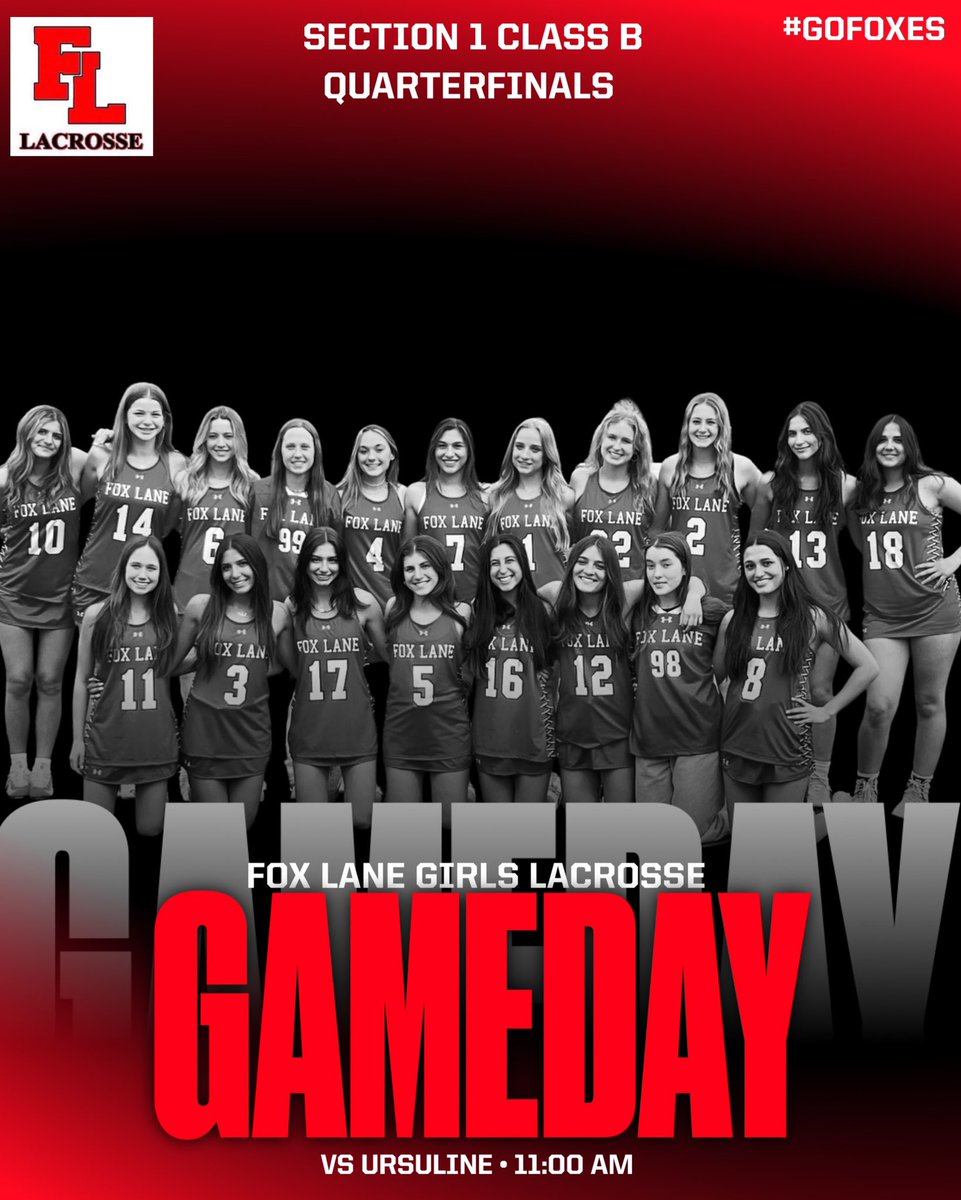 🚨Gameday!!! 🚨
The #5 Foxes travel to #4 Ursuline today for Quarterfinals of Section 1- Class B playoffs.
🆚 Ursuline 
📍The Ursuline School
🕚 11:00AM
.
.
#FLGLAX | #FoxesUp | #cleareyesfullheartscantlose 
#effort #energy #passion #foxlanepride #foxlaneglax #winoneearnone