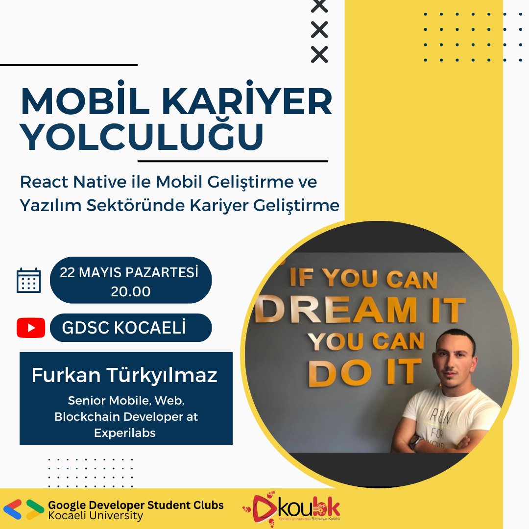 🗓️22 mayıs Pazartesi günü saat 20.00'da GDSC KOCAELİ Youtube hesabı üzerinden düzenleyeceğimiz Mobil Kariyer Yolculuğu: React Native ile Mobile Geliştirme ve Yazılım Sektöründe Kariyer Gelişimi etkinliğimize hepinizi bekliyoruz. Kayıt formu için: linktr.ee/dsckou 🍀