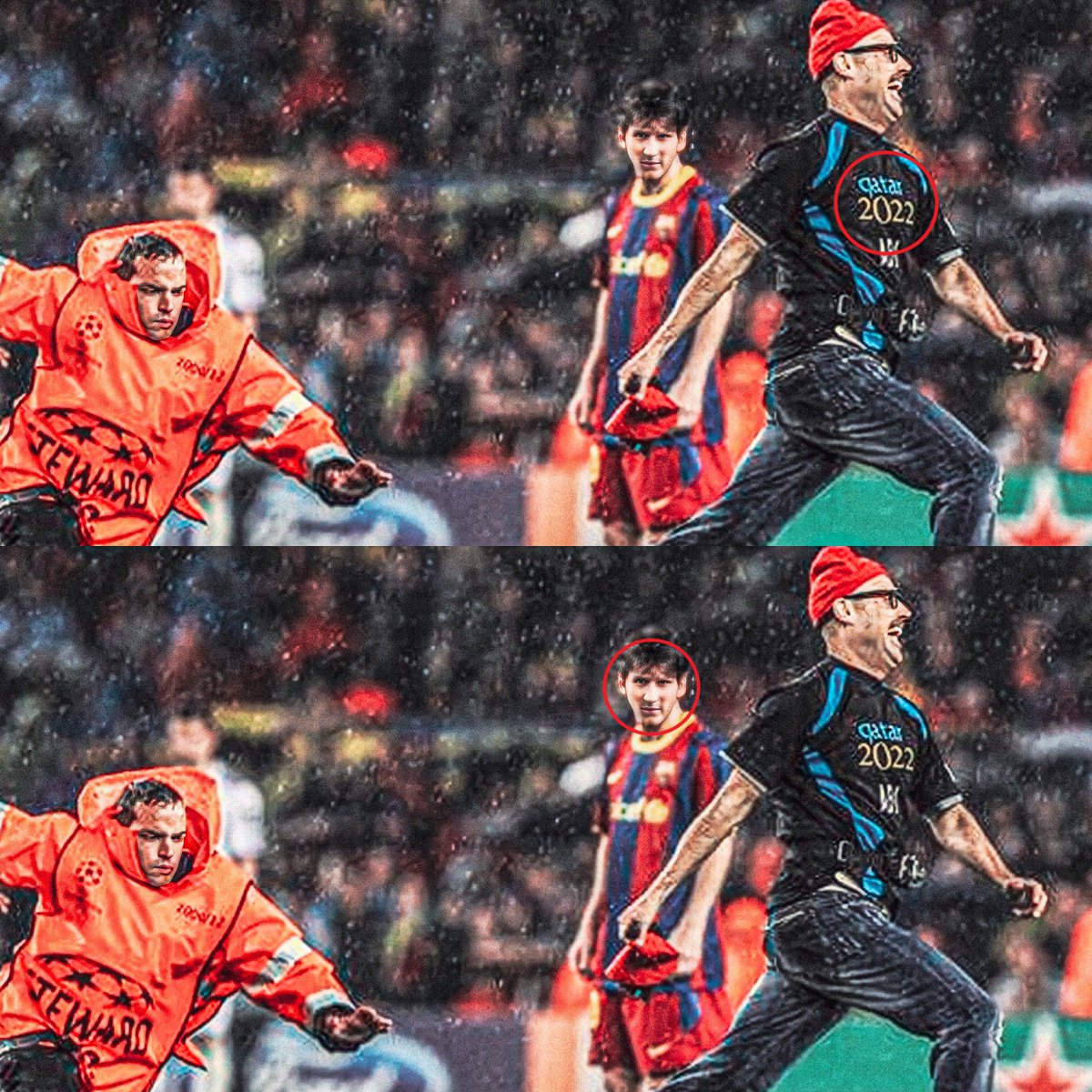 Año 2011. Lionel, de 23 años, ni siquiera había llegado a la final del Mundo en Brasil, pero igual el destino ya comenzaba a hablar por nosotros y por él.

"Qatar 2022" decía la camiseta del infiltrado, y encima Messi, durante la corrida, lo siguió fijamente con la mirada como