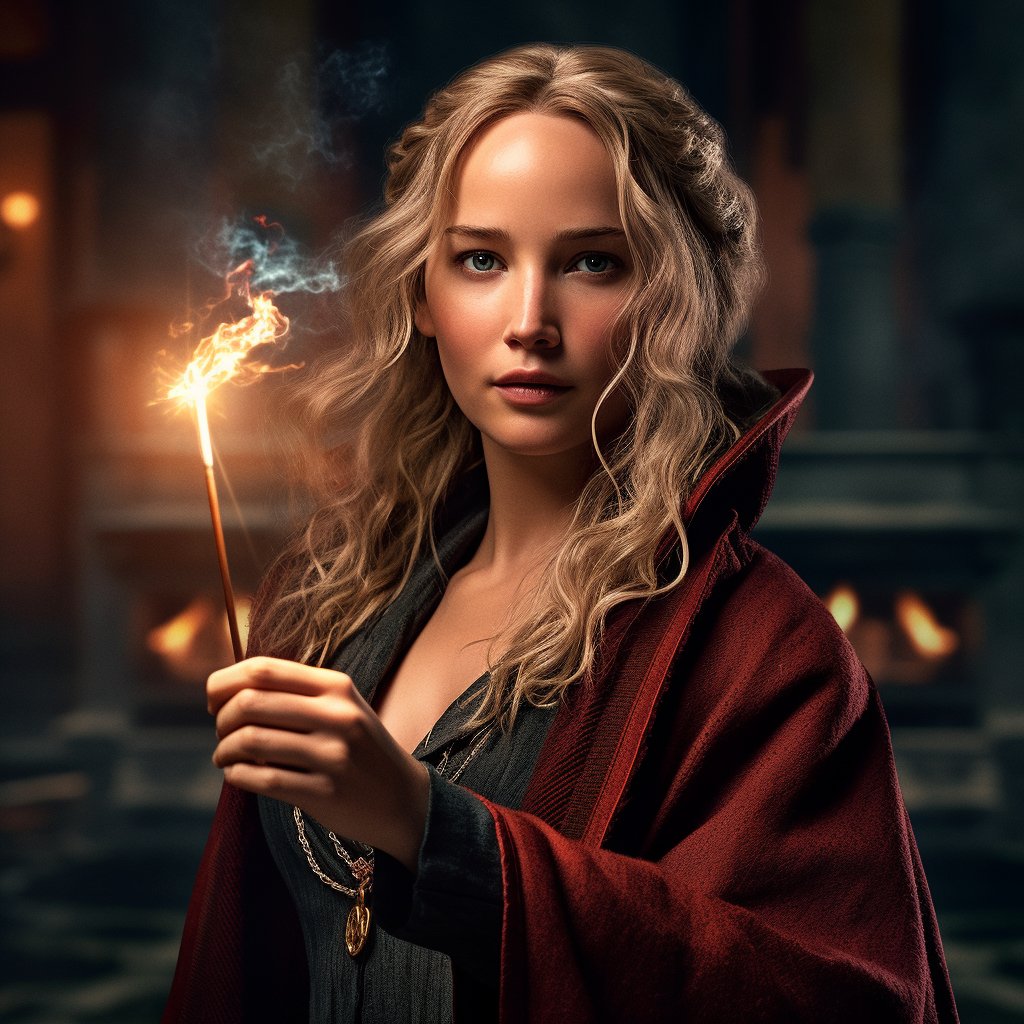 PromptPicsUni's tweet photo. 🔮 AI's magic at work! From a simple prompt to a stunning 32K image: Jennifer Lawrence as a Gryffindor wizard in the #HarryPotter universe. Hyper-realistic, high contrast, and as if shot on an Arri Alexa. Join us in the #PromptPicsUniverse for more AI-generated art! 🧙‍♀️🎨 https://t.co/OGJMyiiiE4