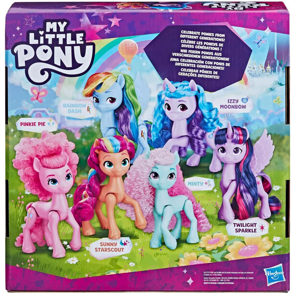 Brand new #MLP multi-pack 'Rainbow Celebration', featuring ponies from multiple generation, was just listed on Amazon UK - check out the beautifully styled brushable hair on them! More info on mlpmerch.com/2023/05/amazon…
