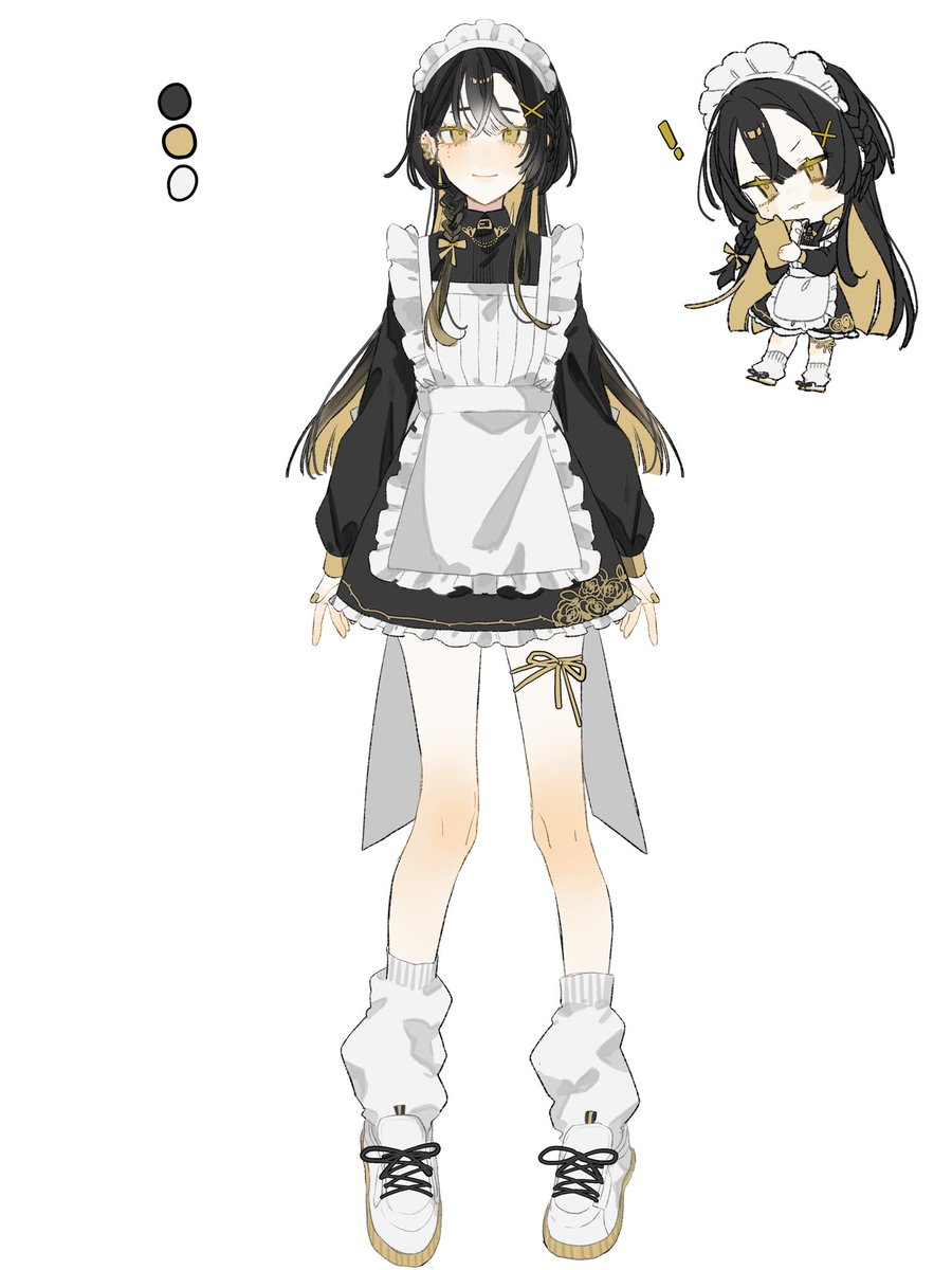 maid headdress yellow eyes chibi black hair maid apron shoes  illustration images