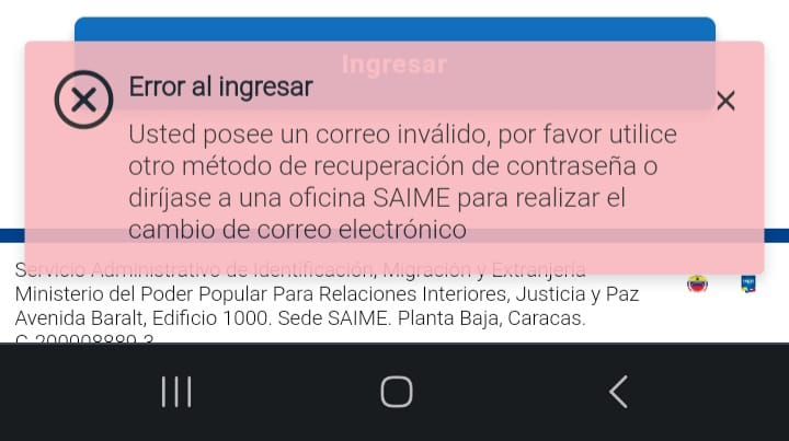 solenergico's tweet photo. @mccoam hola, desde hace días no puedo entrar al Saime con mi clave siempre me arroja este error y antes entraba normal. Gracias. https://t.co/ahi2KlYNhM