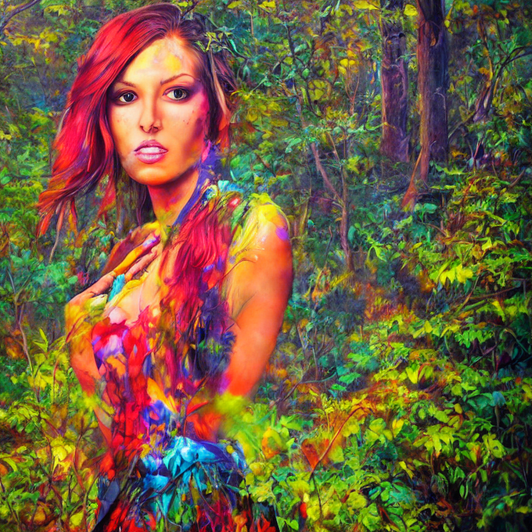 CREAIT_OFFICIAL's tweet photo. Vibrant large scale painting of a beautiful woman in the forest, full body shot, vibrant colors and lighting, hyperrealism, photorealistic art style, by #aiart #aigeneratedart https://t.co/vwm8EU4mHS