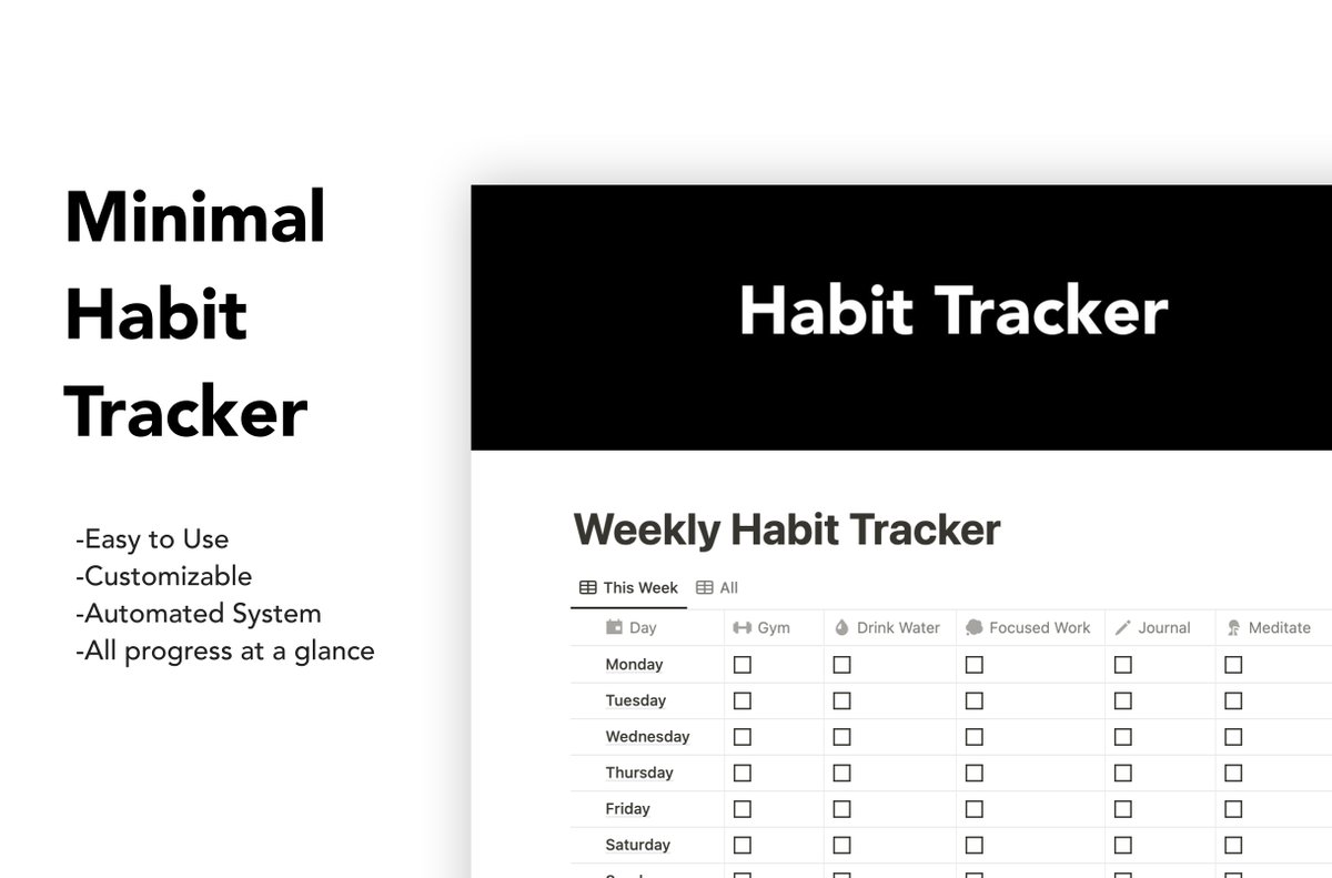 I've prepared a Notion Minimal Habit Tracker to help you get better every day.

It is FREE today.

But after 24 hours, it will cost $$$  

To get it,

1) Follow me (so that I can DM you)
2) Like 
3) Retweet 
4) Comment '✌🏻'  

And I'll send it to you for FREE