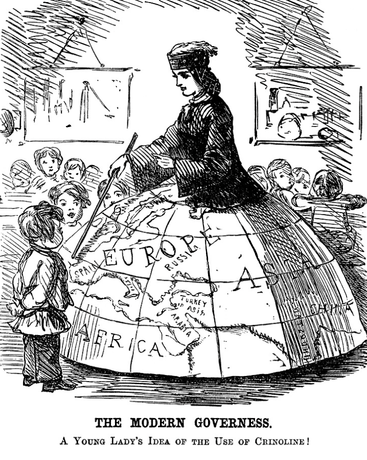 The Modern Governess. A young lady's idea of the use of a crinoline! Order your prints: punch.co.uk #punchmagazine #punchcartoons #illustration #drawing #art #cartoonart #publishing #britishhumour #1860s #JohnLeech #VictorianEra #teaching #governess #globe