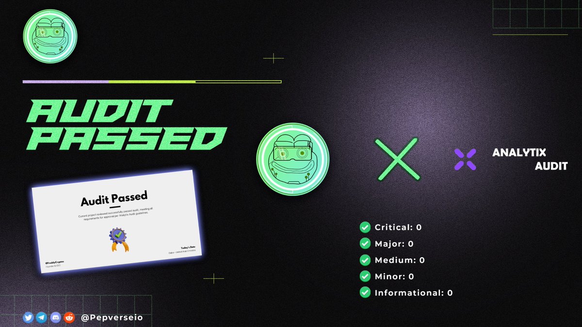 Pepverseio's tweet image. 🐸🐸PepVerse has successfully passed Audit!🐸🐸

Read Final Report: github.com/AnalytixAudit/…

🙅‍♂️💯% safe secure and solid project !

#PepVerse #PEPE #PEPEARMY #BNB #BUSD #BSC #Audit