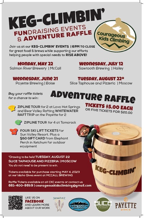 Head over to the Taphouse on Monday for Keg-Climbin' from 6-close! 🧗🍺

📸Courageous Kids Climbing 

#SRB #SalmonRiverBrewery #Fundraiser #CourageousKidsClimbing #KegClimbing #KegClimbin #Raffle #Zipline #WhitewaterRafting #LiftTickets #McCallIdaho #VisitMcCall