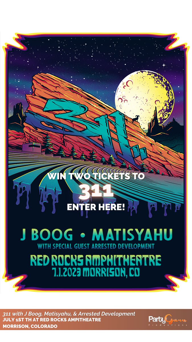 PartyGuruUS's tweet photo. Want to groove to @311  at @RedRocksCO  on July 1st for FREE?! 😲
Enter our giveaway to win 2 tickets to the show here! 🎉
https://t.co/sJAfHQJcHt https://t.co/3bSW3HdIGS