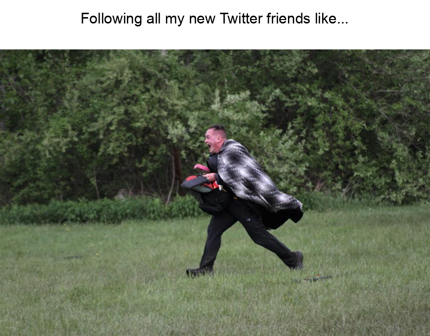 MemeThisBender's tweet photo. @gavinchiu1993 @MatthwNFT Possible meme caption: "Me after following everyone who liked that tweet 😅" with a funny image of someone carrying a huge stack of papers or running into a crowd. https://t.co/6lZmmAZQeC