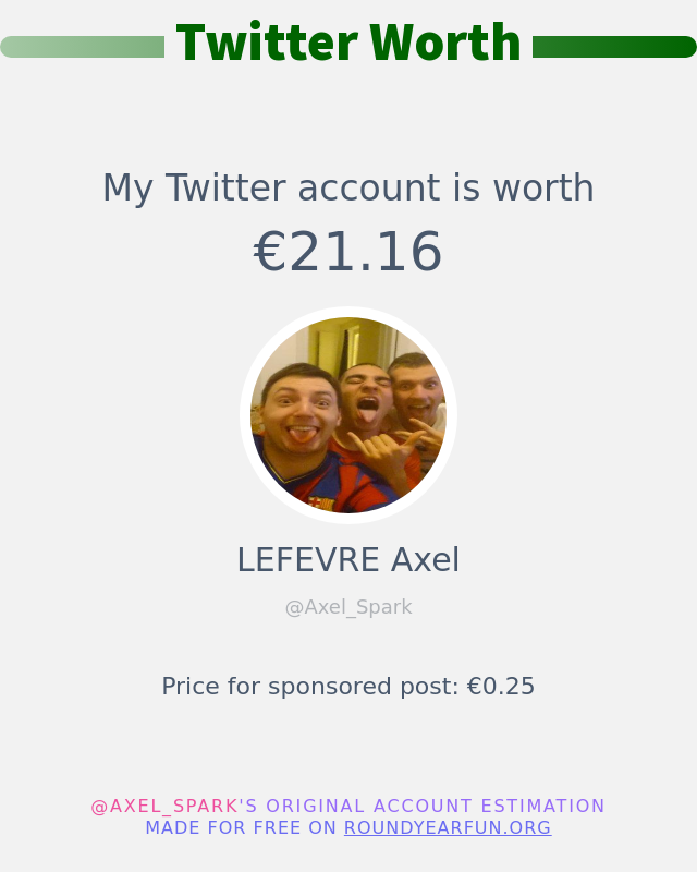 Axel_Spark's tweet photo. Mon twitter vaut: €21.16

➡️ https://t.co/rSZG305w8Z https://t.co/gdeiSyq4F6