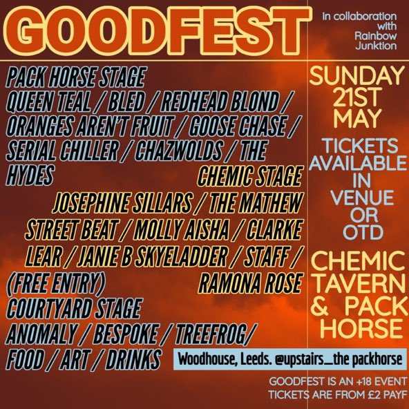 Hi @whistle_shop.  It’s time for Goodfest. We’ve got a Sunday chock full of live acts for lovers of great music here at The Pack Horse & up the road at The Chemic. Any chance of a RT pls to tell your followers. #goodfestleeds #leedsmusic