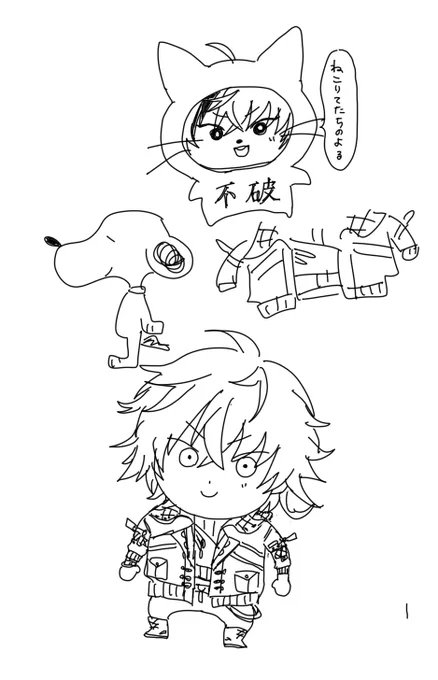 これは昨日相互さんと作業通話してたら生まれたねこぷわさんとどうしても服がデフォルメ化できないぷわさんとスヌーピーです