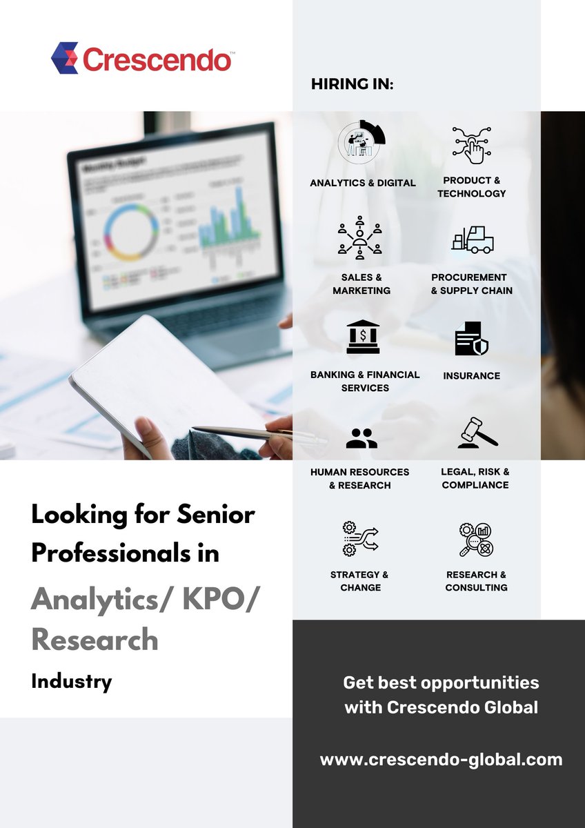 We are looking for Senior Professionals in Analytics/ KPO/ Research industry.

Apply now at buff.ly/3iBEQdD 

Get the best opportunities with Crescendo Global. 

#jobs #hiring #opportunities #crescendoglobal #technology #analytics #consulting #kpo #jobsinmumbai #bangalore