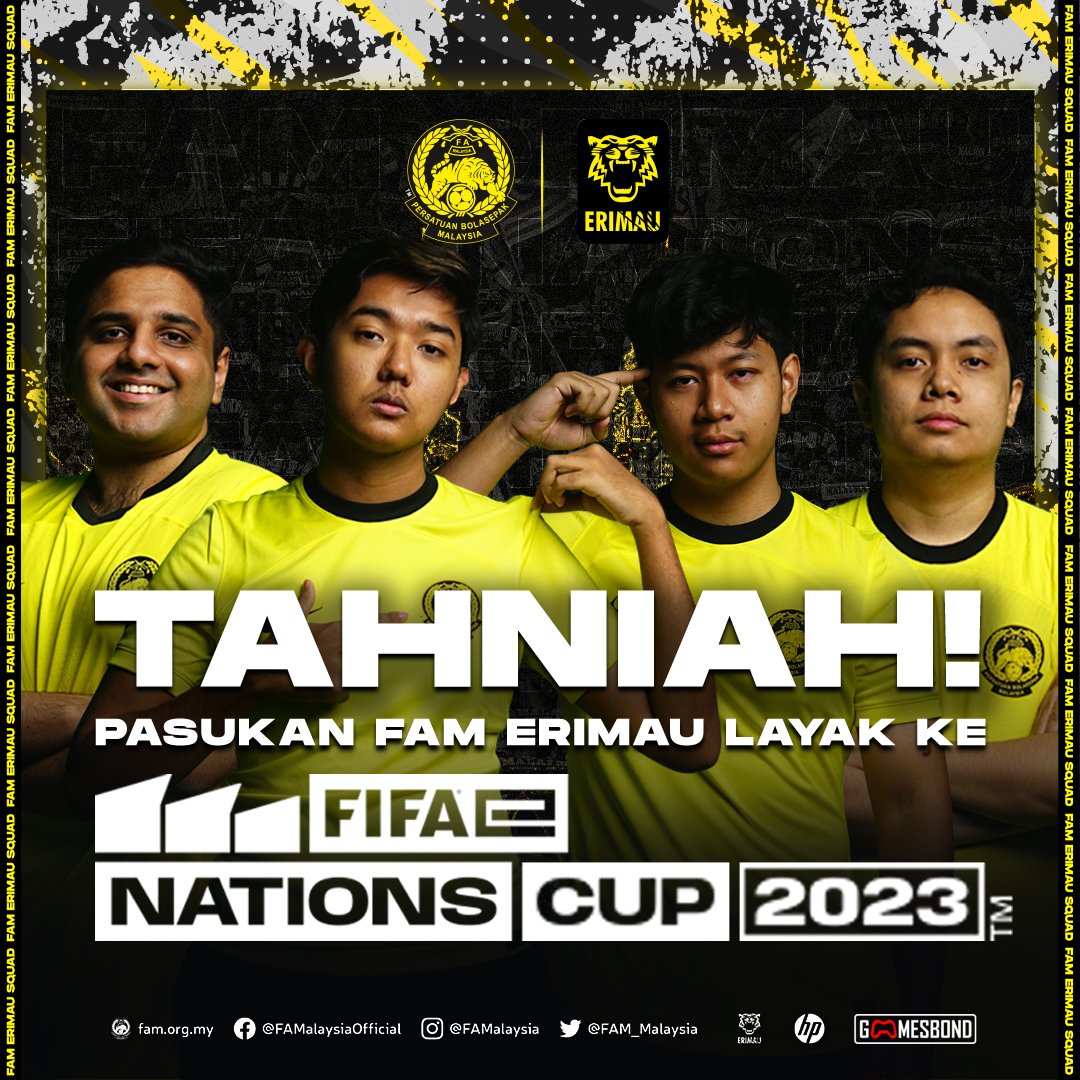FAM_Malaysia's tweet photo. 🎮 🏆🎮

eRimau FAM layak ke FIFA eNations Cup 2023 

Tahniah 
@_ahmdakmal
@muzaffarzuhair_
@halowake_
@ImranDeen
yang berjaya membawa eRimau melayakkan diri ke FIFA eNations Cup 2023 buat kali pertama dalam sejarah.

@FIFAe 

#FAM #HarimauMalaya #eRimau #FIFAeNationsCup2023 https://t.co/BHK2ir2HTs