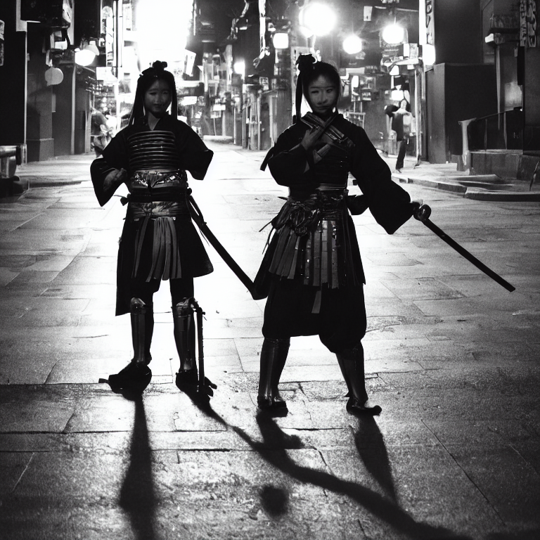 CREAIT_OFFICIAL's tweet photo. A black and white photograph of a female samurai warrior with a katana blade in her hand, standing in the middle of a dark city street, backlit by bright neon #aiart #aigeneratedart https://t.co/DaRca1ZH61