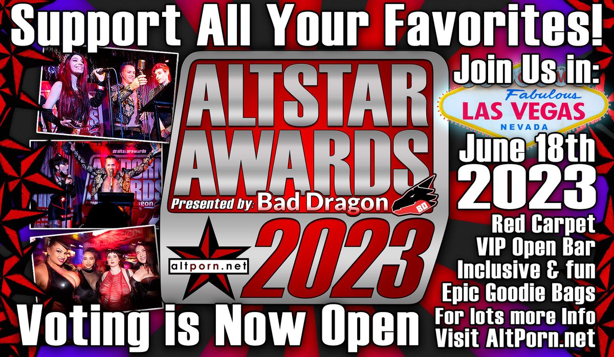 2023 AltStar Awards Nominees Announced!
Presented by @bad_dragon Voting is live now.
Vote: altporn.net/news/2023/05/1…
#altstarawards