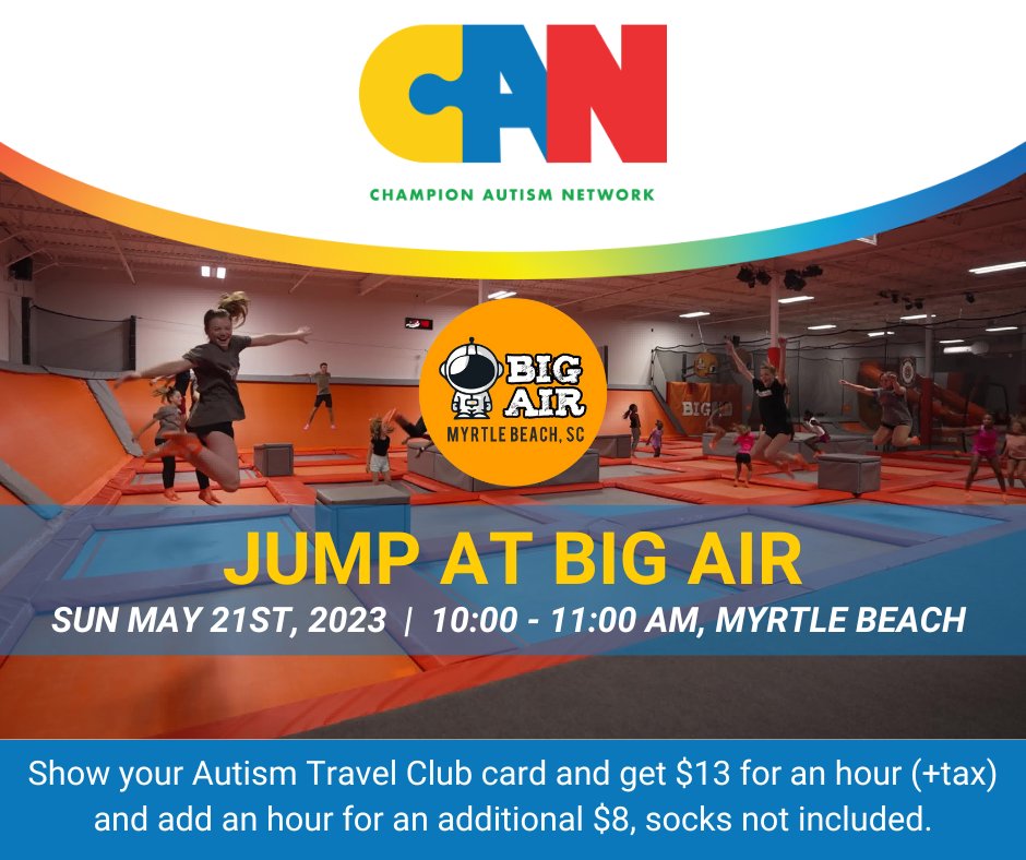 Tomorrow #ComePlayWithUs® at our Sensory Friendly Jump at Big Air in Myrtle Beach! Check the event page for details!  buff.ly/3pZHHAQ 
#YesYouCAN® #ChampionAutismNetwork #AutismAcceptance #AutismAwareness #SensoryFriendly #AutismFamily #AutismCommunity