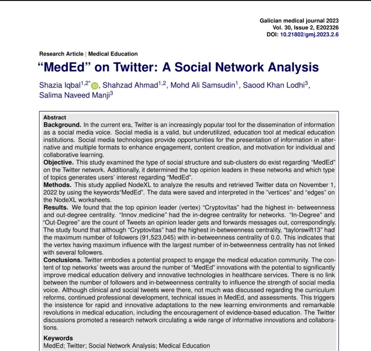 Super excited to publish in WOShttps://lnkd.in/d9Fgr88r 
#XRinHealthcare #MedicalEducation #HealthcareInnovation #digital- #healthcare #education #medical #digital #artificialintelligence #socialmedia #bigdata #content #health #community #NodeXL #mixedreality #MedEd