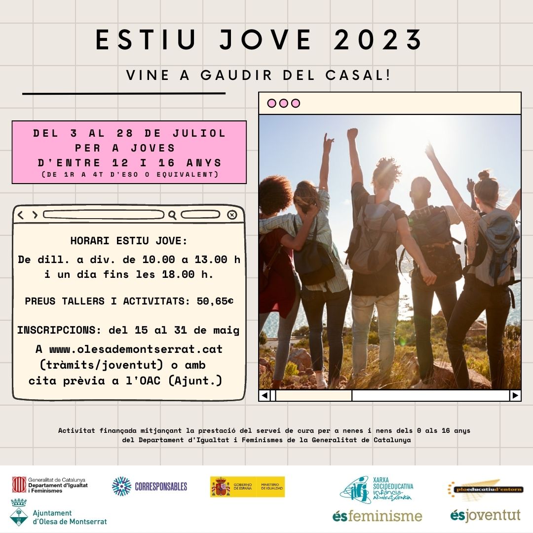 AjuntamentOlesa's tweet image. 🔴 ESTIU #JOVE

Recordeu que s'han obert inscripcions per a aquesta activitat organitzada pel Dept. de Joventut. #Lleure, valors i coneixement per a joves d'entre 12 i 16 anys.

ℹ Tota la informació del casal a la notícia web: mtr.cool/miaymlfmom
#Olesa #Olesaésjoventut