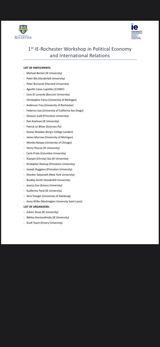 Great fun with super smart people at the 1st IE-Rochester political economy conference!! I co-organized this conference with @nikkon7 and Zuheir Desai! @IEuniversity @UofR @RochesterPolSci
