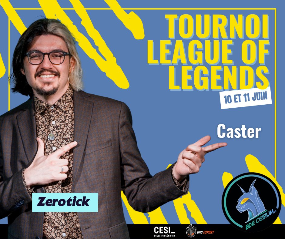 Comme on ne fait pas les choses à moitié, nous aurons le privilège d'avoir <a href="/Zerotick_/">Zerotick</a> au cast des finales pour le tournoi #LeagueOfLegends 

📅samedi 10 et dimanche 11 juin  
 📍Campus du CESI Caen  

👉discord.gg/5eGa4MQ6Gz