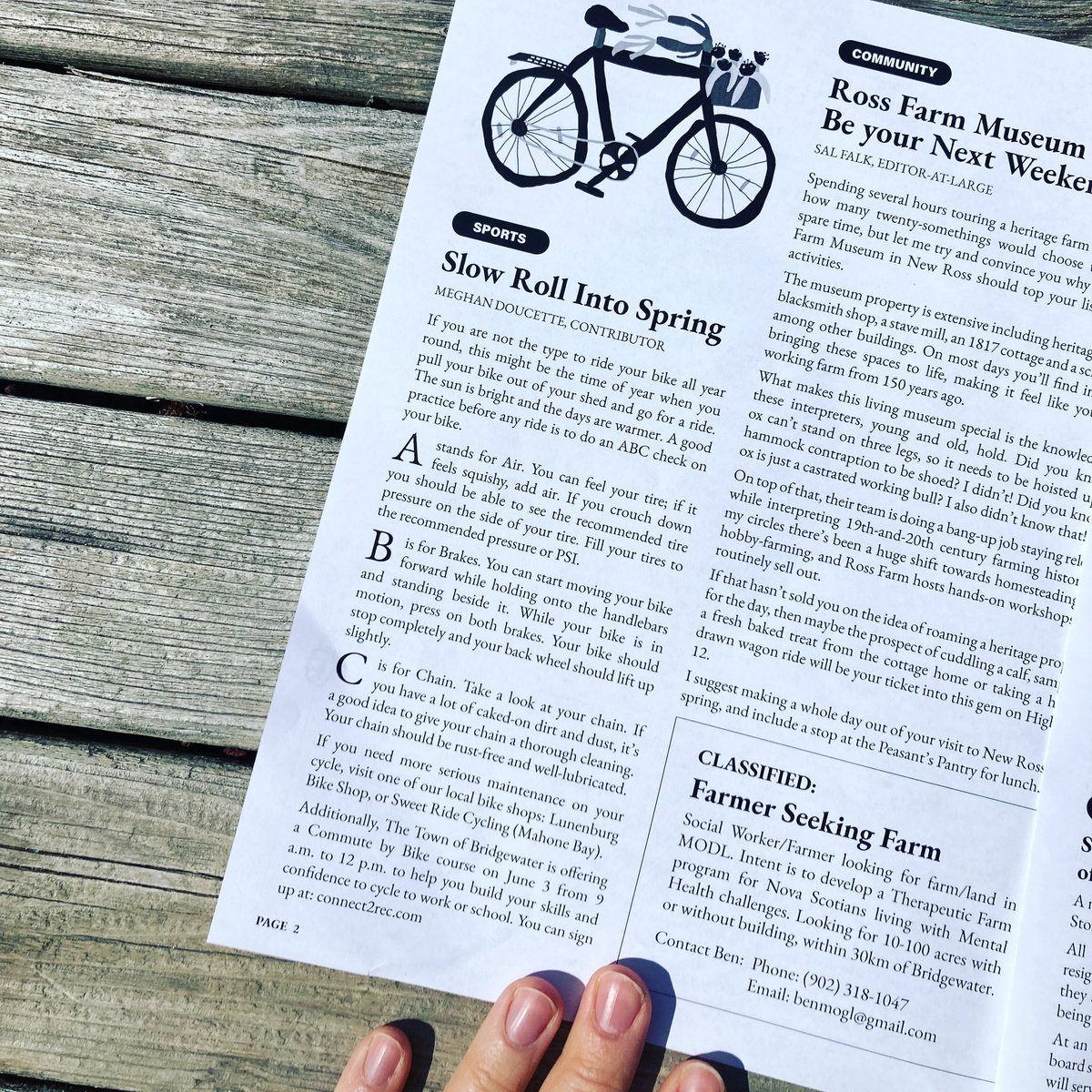 I wrote an article for The Barnacle newspaper this month. It’s all about safety checking your bike if you’re getting it out for spring. You can read it online or find a paper copy around Nova Scotia’s South Shore. 

<a href="/bicyclens/">Cycling Nova Scotia</a> <a href="/IBIKEHFX/">Halifax Cycling</a> <a href="/BlueRouteNS/">BlueRouteNS</a> 

thebarnacle.ca/slow-roll-into…