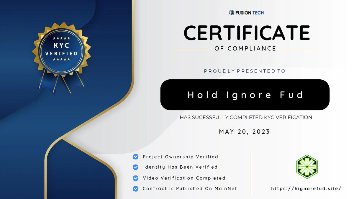 We are happy to announce that @Hignore_fud team has completed KYC verification with FusionTech 
 
We wish great success! 

Github Link:
github.com/fusiontechoffi…
 
Need KYC or AUDIT? 
fusiontech.live