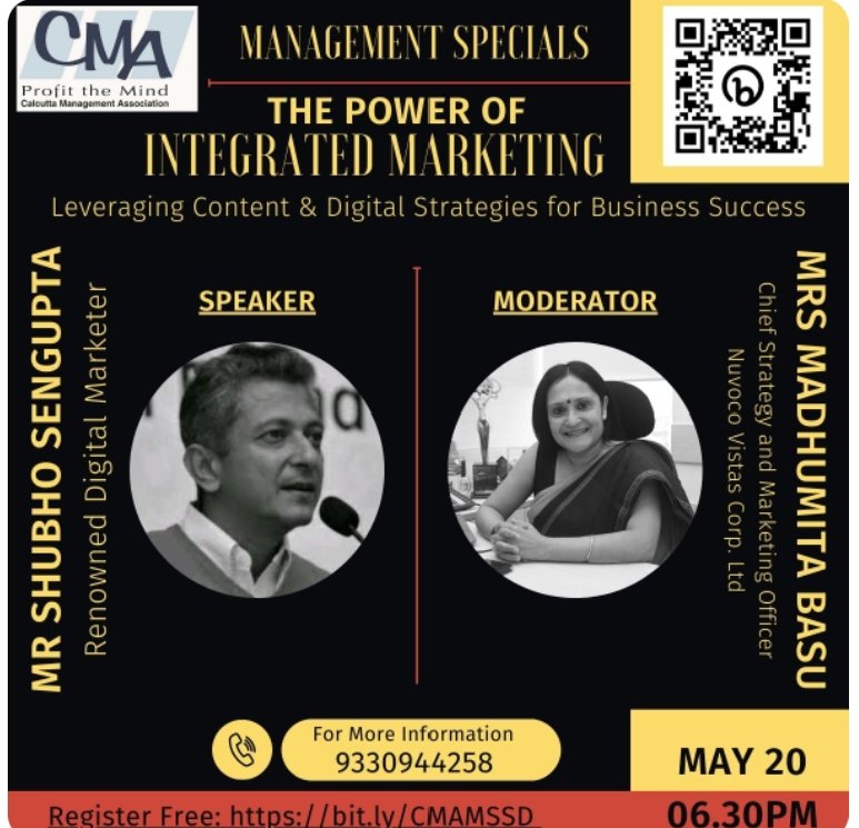 Looking forward to moderating this session on The Power of Integrated Marketing by <a href="/shubhos/">shubho sengupta</a> 

Hosted by <a href="/CalcuttaMgmnt/">Calcutta Management Association</a> 
Do join us if you are free.

Time: 6:30 pm
Zoom meeting link :
us06web.zoom.us/j/81152402247?…

Meeting ID: 811 5240 2247
Passcode: 956662