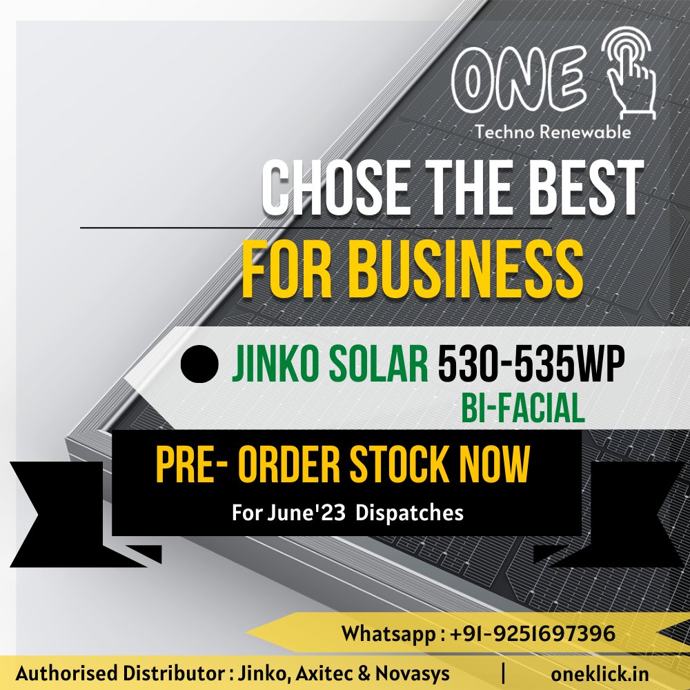 Chose the BEST for your Business
Jinko Solar  -  530 / 535Wp BIFACIAL
Pre - Order Now for June - 23 Dispatches
 #solarpanels #solarpv #solarinstallation #solarindustry  #EPC #jinkosolar #jinkosolarpanels #Jinko #SolarEPC #bifacial #bifacialsolarpanel #bifacialsolar #June2023