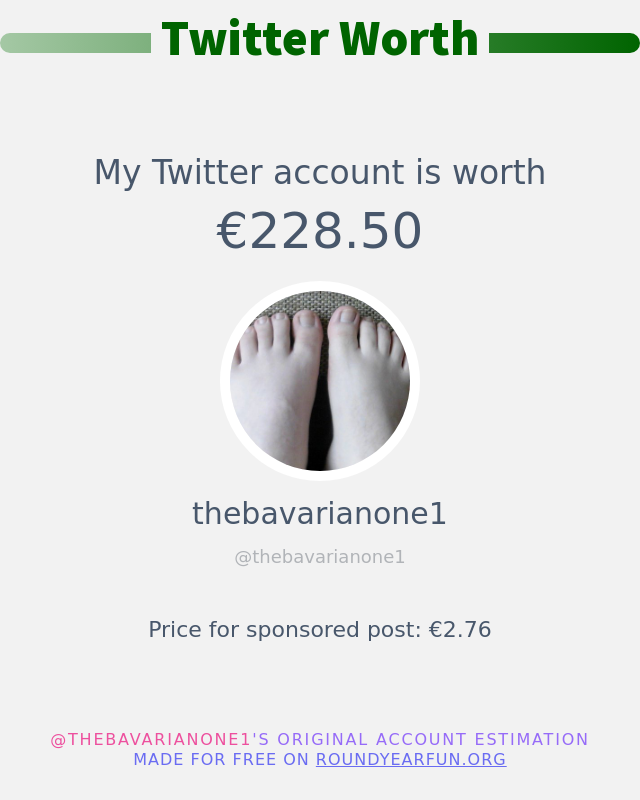 Mein Twitter-Wert ist: 228.50

?? https://t.co/2xV44nB4Zj https://t.co/JBqOmrgdta