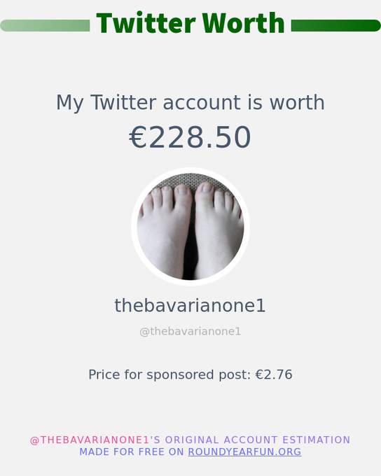 Mein Twitter-Wert ist: 228.50

?? https://t.co/2xV44nB4Zj https://t.co/JBqOmrgdta