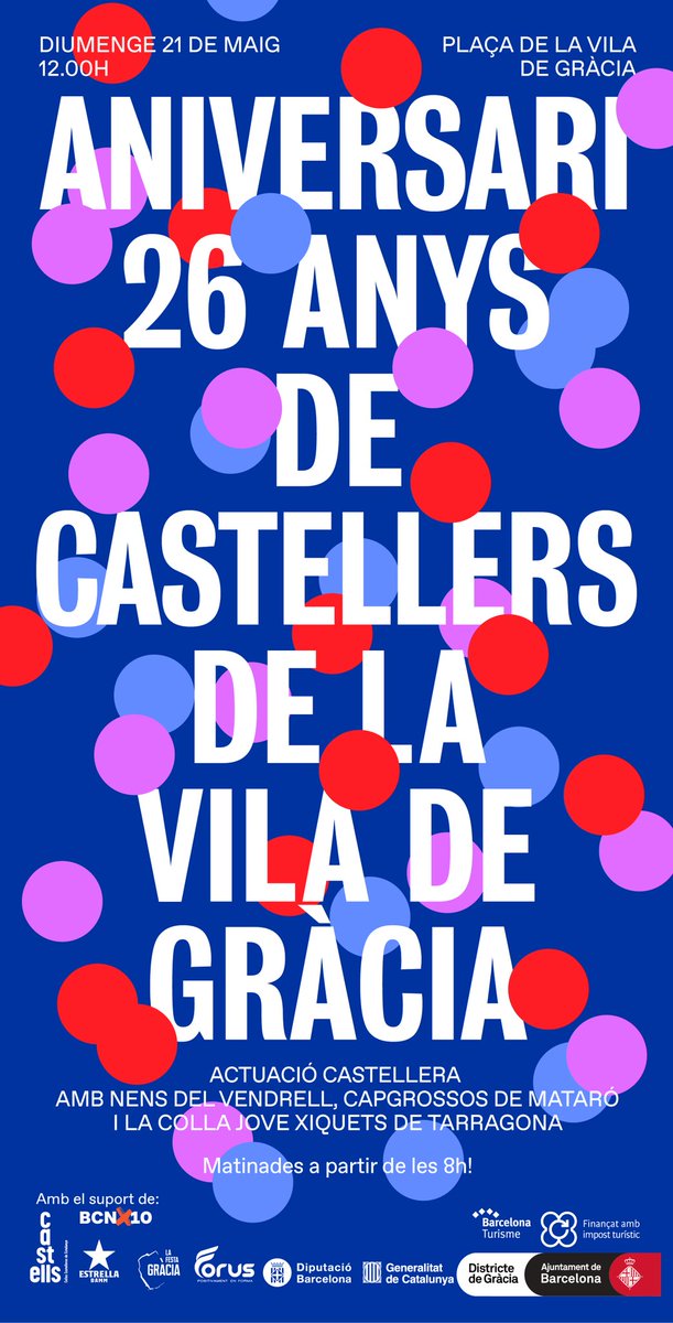 cvg_cat's tweet photo. Demà els el dia! Celebrem els 26 anys de la colla.

A les 8h comencem amb les matinades pels carrer de la #ViladeGràcia

A les 12h arriba el palet fort amb la Diada Castellera a la Plaça de la Vila amb @JoveDeTarragona @capgrossos i @nensdelvendrell 

#AniversariCVG #castells https://t.co/g8ksARCH7K