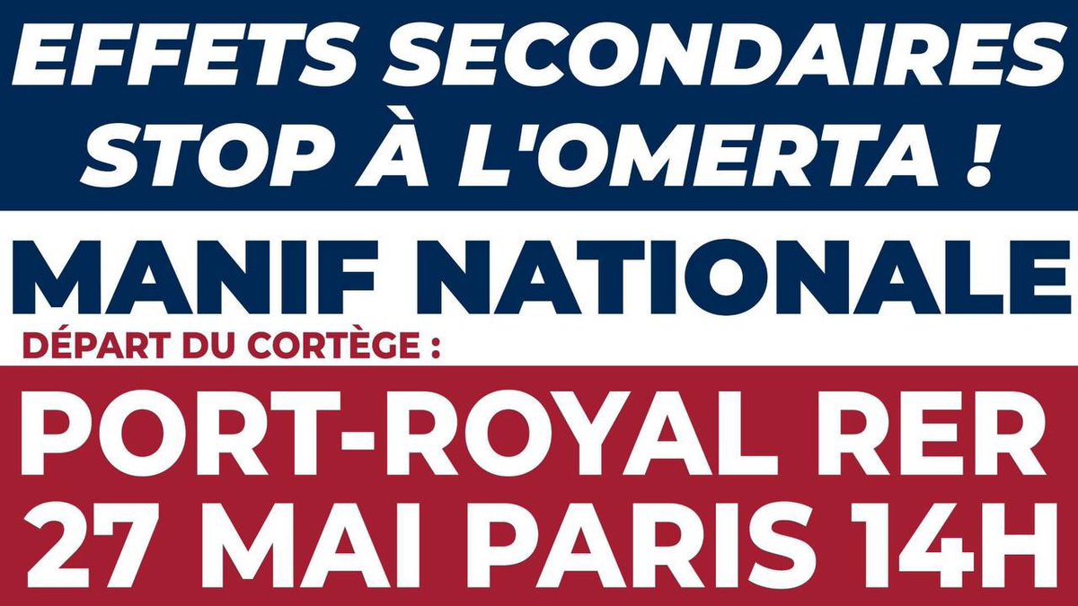 🚨🚨 RDV dans 7 jours 🚨🚨
Manifestation nationale le samedi 27 mai pour l’ouverture du débat sur les #EffetsSecondaires. 
Départ 14h Port Royal à Paris. Soyons immensément nombreux !#VeriteEtJustice