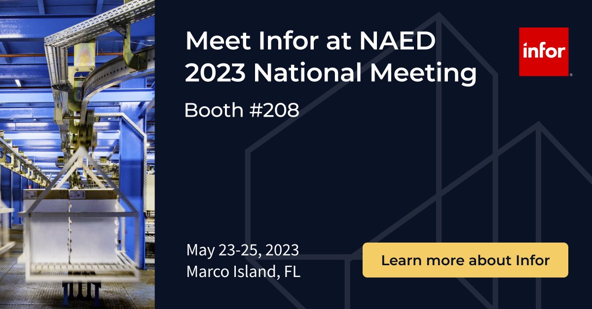 #TeamInfor and I will be at the NAED National Meeting! Come by booth #208 to talk with us and learn more about how Infor is working with the electrical #distribution industry! bit.ly/3BJoMgc