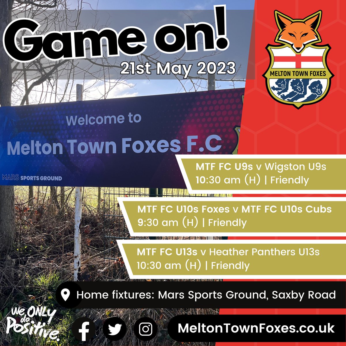 Meltonfoxesfc's tweet photo. CLASH OF THE U10s - Three friendly matches at Mars Sport Ground tomorrow, including the eagerly awaited match for our two U10s teams.

Show your support for all our teams this weekend and together let’s keep football positive for all 👏🏻👏🏻👏🏻 https://t.co/nvp0NBNV0X