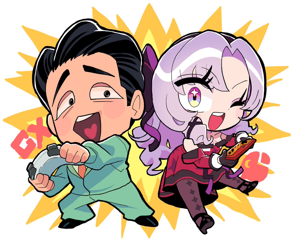 hyakumantenbara salome controller 1girl 1boy chibi holding controller game controller black hair  illustration images