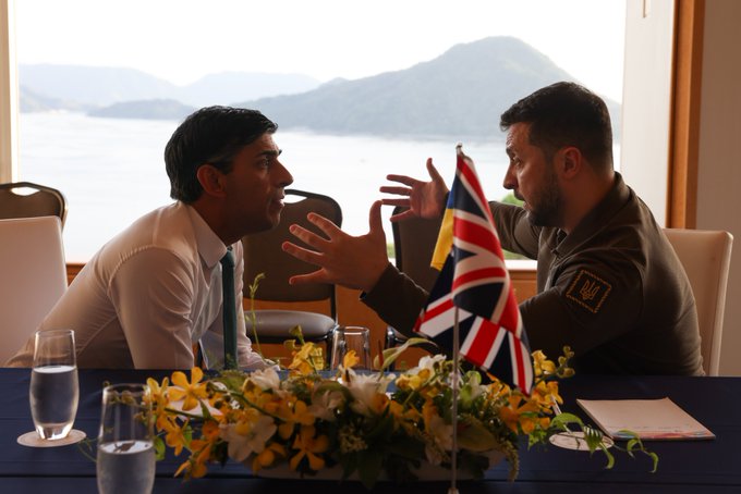 Prime Minister Rishi Sunak meets Ukrainian President Volodymyr Zelenskyy on the second day of the G7 Leaders Summit in Hiroshima Japan.