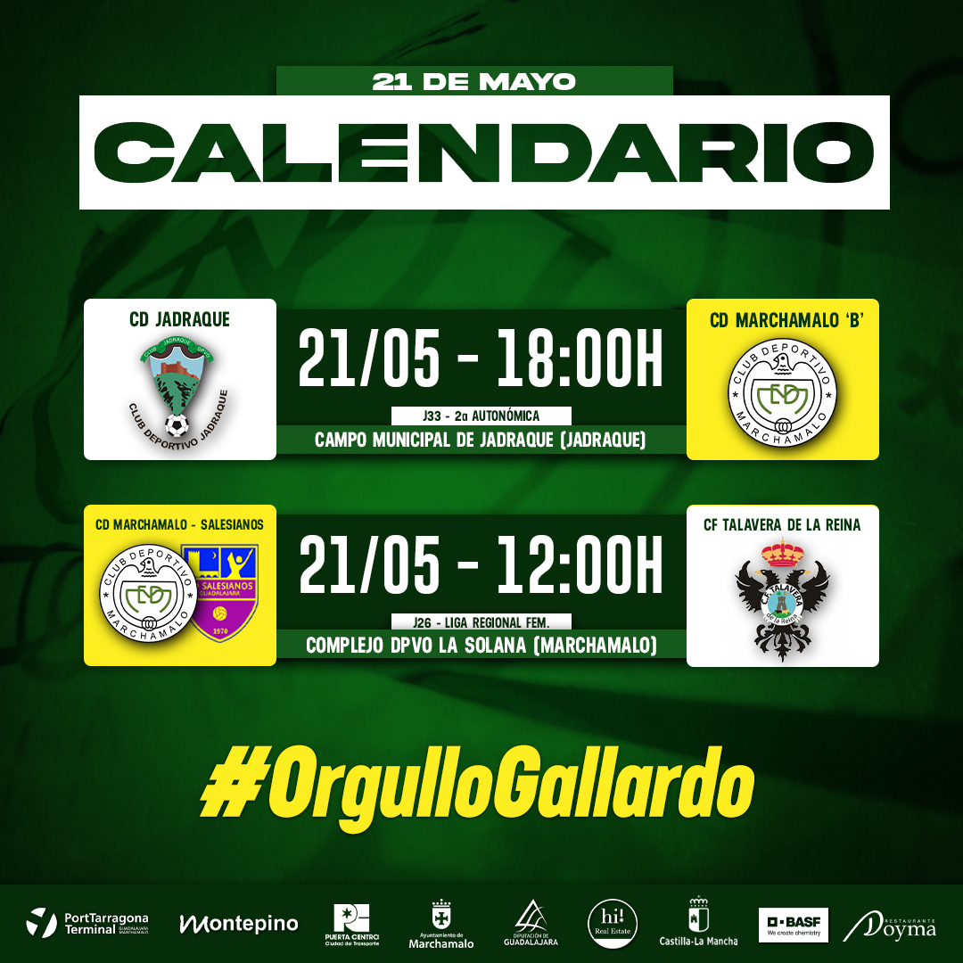 ⚽️¡CALENDARIO DEL FIN DE SEMANA!⚽️

1️⃣ EQUIPO FILIAL:

📅 21 mayo
⏰ 18.00h
📍 Campo Municipal de Jadraque
🆚 CD Jadraque

2️⃣ EQUIPO FEMENINO:

📅 21 de mayo
⏰ 12.00h
📍 La Solana
🆚 CF Talavera de la Reina

#OrgulloGallardo #123CD