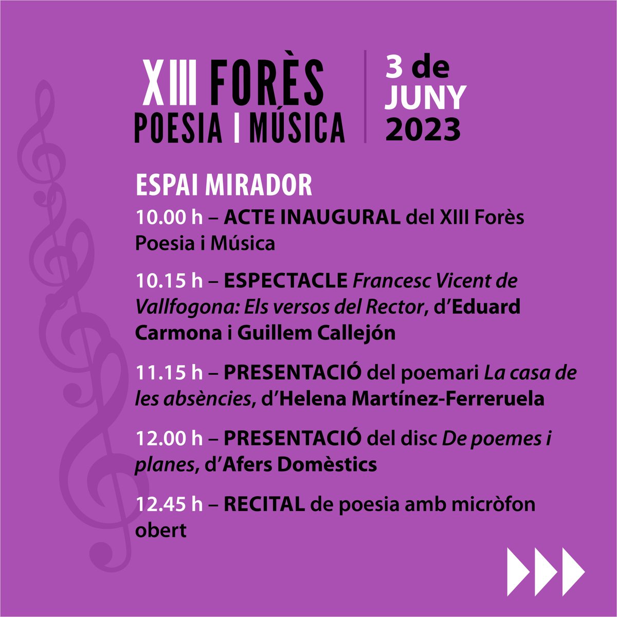 TurismedeFores's tweet photo. 🎶 XIII Forès Poesia i Música

📣 El dissabte 3 juny, us esperem a Forès per gaudir de la poesia i la música al Mirador de la Conca.
👏 Recitals, concerts i molt més per gaudir d’una de les principals cites culturals de la comarca.

👉 Tota la info a: https://t.co/pdC0xuHeuo https://t.co/ivWYqcbqto